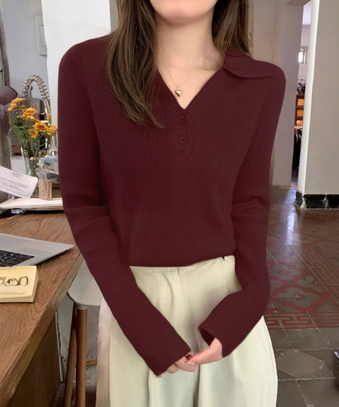 ポロニットトップス リブニット 韓国風 Vネックニットレディース長袖 きれいめニットプルオーバー オフィスカジュアル ニットセーターおしゃれ 着やせタイトニット 85YN-900610