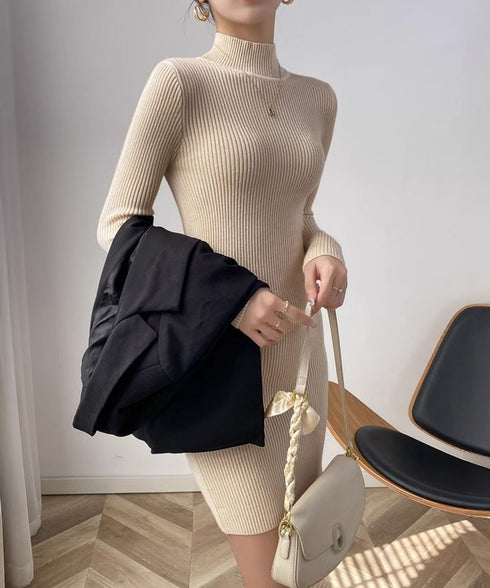 ニットワンピース 長袖 タイトワンピース レディース ハイネック ニットドレス おしゃれ 秋冬ボディコンワンピ リブニットワンピース 無地 セクシーワンピ 85YN-900611