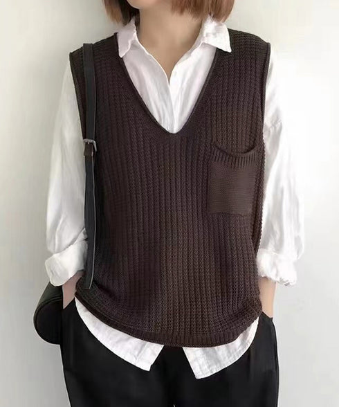 ニットベスト レディース vネック 秋冬 ポケット付きニットジレ ノースリーブ ニットトップス 重ね着 ベストセーター 薄手 体型カバー 20代30代 85YN-900615