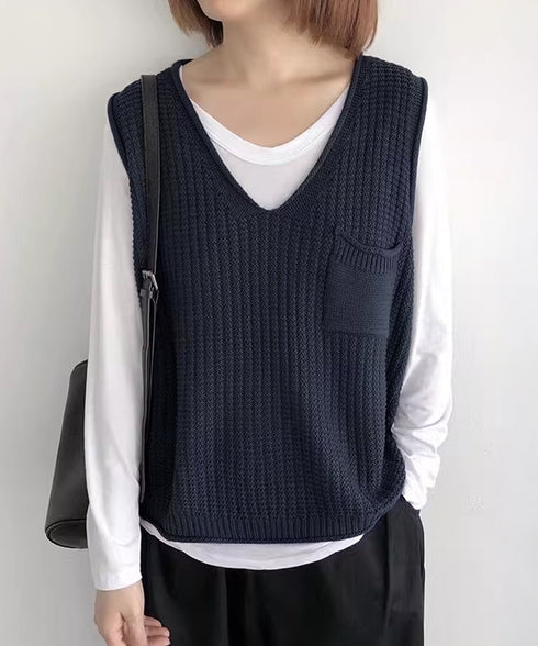 ニットベスト レディース vネック 秋冬 ポケット付きニットジレ ノースリーブ ニットトップス 重ね着 ベストセーター 薄手 体型カバー 20代30代 85YN-900615
