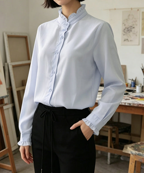フリルブラウス 長袖 レディース 春夏秋 シフォンブラウス 無地 上品 オフィスブラウス 大人 シャツブラウス おしゃれ トップス OL 春コーデ 30代40代 85YN-900621