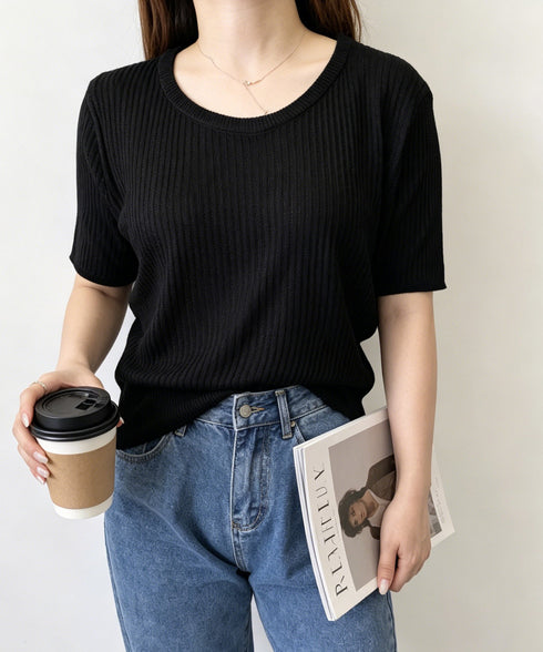 リブニットップス きれいめ 韓国風 夏服 レディース サマーニット 着やせ クルーネック ゆったり おしゃれカットソー 夏トップス シンプルカットソー 大人可愛い 85YN-900625