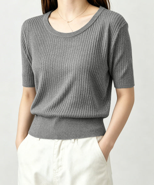 リブニットップス きれいめ 韓国風 夏服 レディース サマーニット 着やせ クルーネック ゆったり おしゃれカットソー 夏トップス シンプルカットソー 大人可愛い 85YN-900625