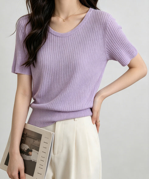 リブニットップス きれいめ 韓国風 夏服 レディース サマーニット 着やせ クルーネック ゆったり おしゃれカットソー 夏トップス シンプルカットソー 大人可愛い 85YN-900625