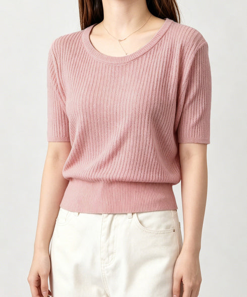 リブニットップス きれいめ 韓国風 夏服 レディース サマーニット 着やせ クルーネック ゆったり おしゃれカットソー 夏トップス シンプルカットソー 大人可愛い 85YN-900625