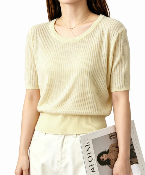 リブニットップス きれいめ 韓国風 夏服 レディース サマーニット 着やせ クルーネック ゆったり おしゃれカットソー 夏トップス シンプルカットソー 大人可愛い 85YN-900625
