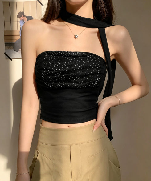 ラインストーンベアトップ きれいめ 夏服 チューブトップ レディース スカーフ付き ギャザー 2点セット ショート丈 肌見せ 韓国風 フェミニン カジュアル 85YN-900635