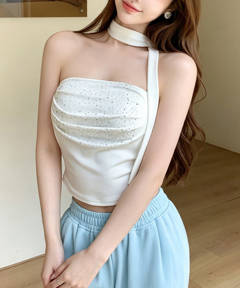 ラインストーンベアトップ きれいめ 夏服 チューブトップ レディース スカーフ付き ギャザー 2点セット ショート丈 肌見せ 韓国風 フェミニン カジュアル 85YN-900635