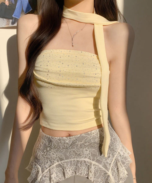 ラインストーンベアトップ きれいめ 夏服 チューブトップ レディース スカーフ付き ギャザー 2点セット ショート丈 肌見せ 韓国風 フェミニン カジュアル 85YN-900635