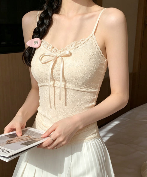 レースキャミソールパッド付きインナー夏服 レディース フロントリボンキャミ おしゃれブラトップ 着回し フェミニンブラキャミ 韓国風 肌見せインナートップス重ね着 85YN-900636