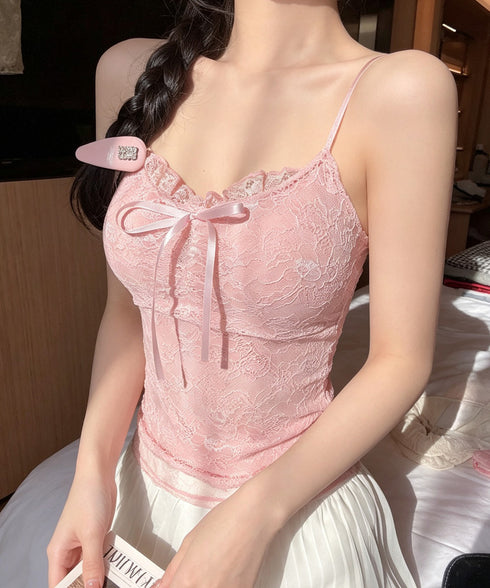 レースキャミソールパッド付きインナー夏服 レディース フロントリボンキャミ おしゃれブラトップ 着回し フェミニンブラキャミ 韓国風 肌見せインナートップス重ね着 85YN-900636