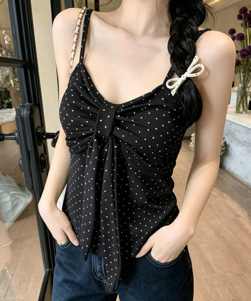ドット柄キャミソール カップ付き 夏服 レディース インナーキャミ フェミニンキャミトップス フロントリボン スリムフィットキャミ 韓国風 大人可愛いインナー 85YN-900637