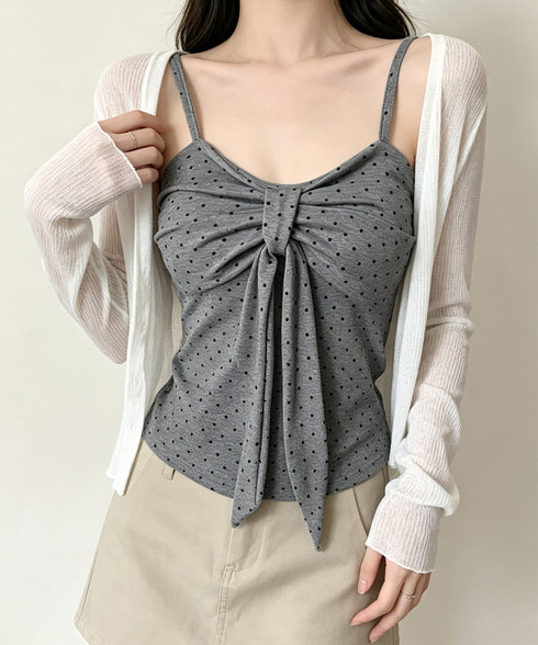 ドット柄キャミソール カップ付き 夏服 レディース インナーキャミ フェミニンキャミトップス フロントリボン スリムフィットキャミ 韓国風 大人可愛いインナー 85YN-900637