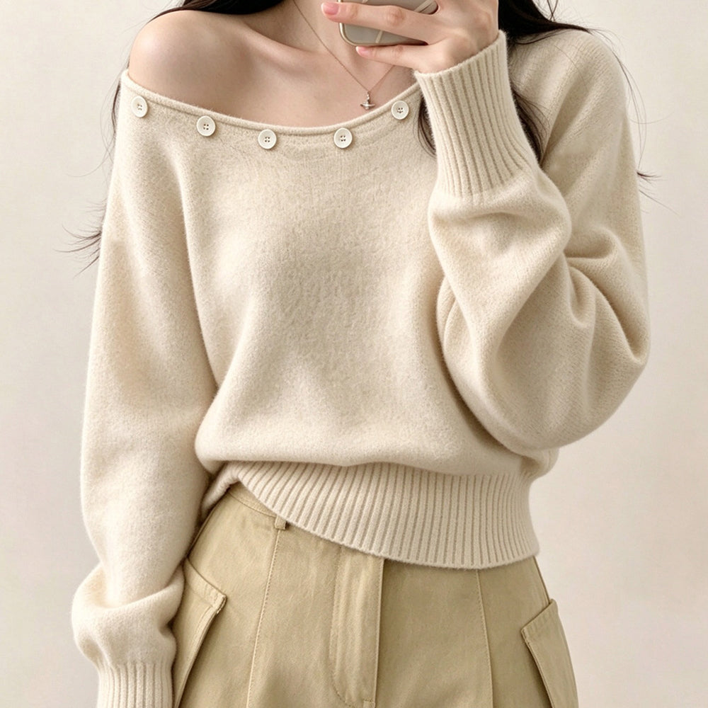 オフショルダー ニットトップス韓国風秋服 ベージュ