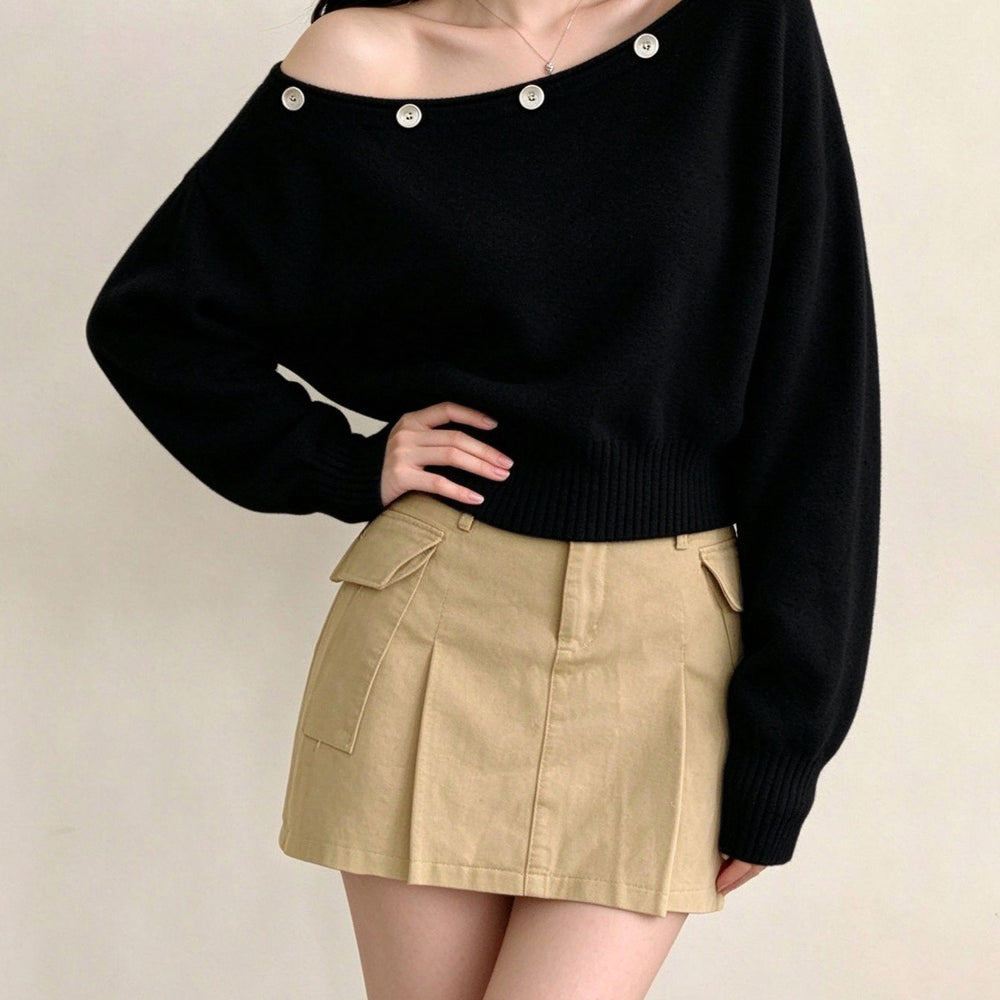 オフショルダー ニットトップス韓国風秋服 ブラック