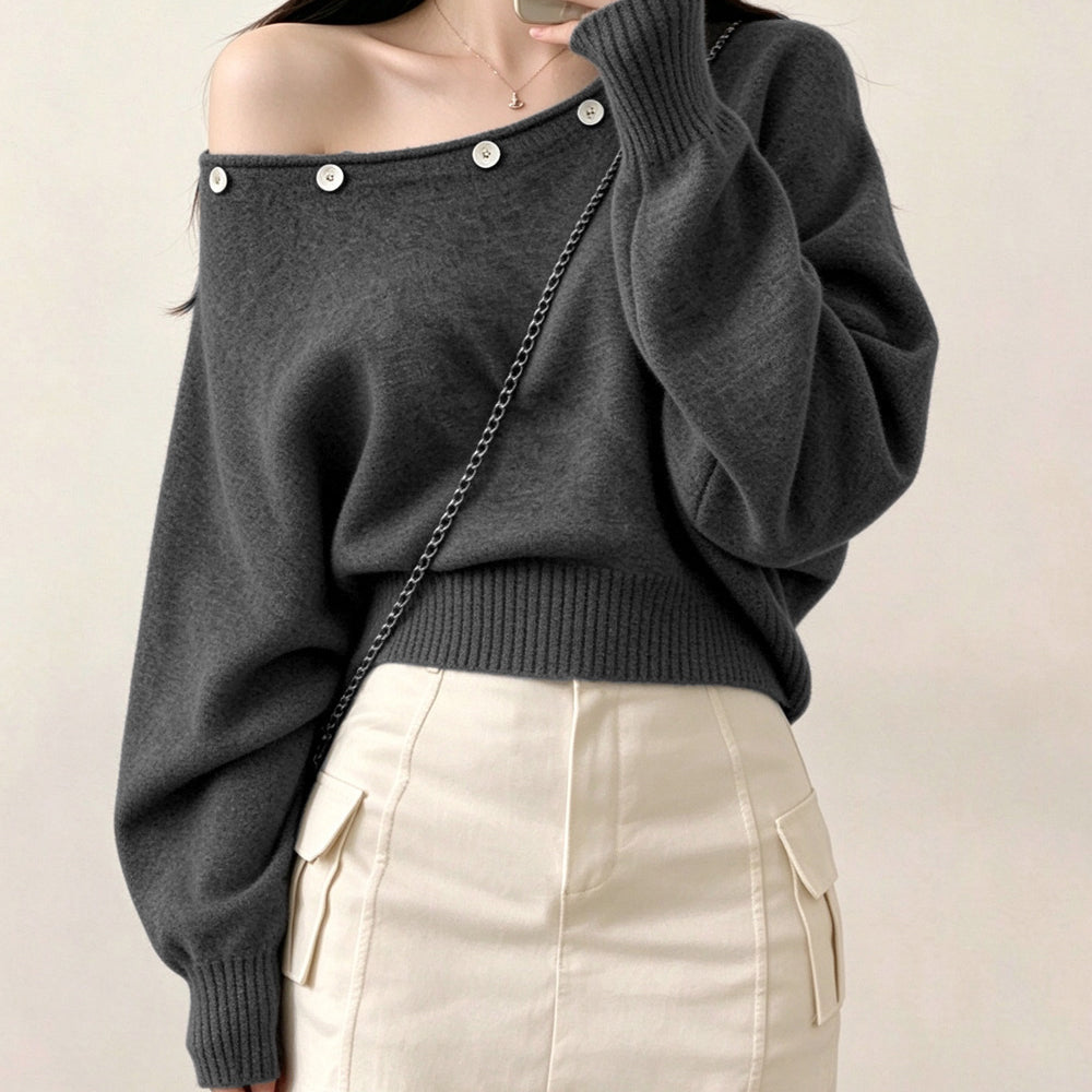 オフショルダー ニットトップス韓国風秋服 ダークグレー