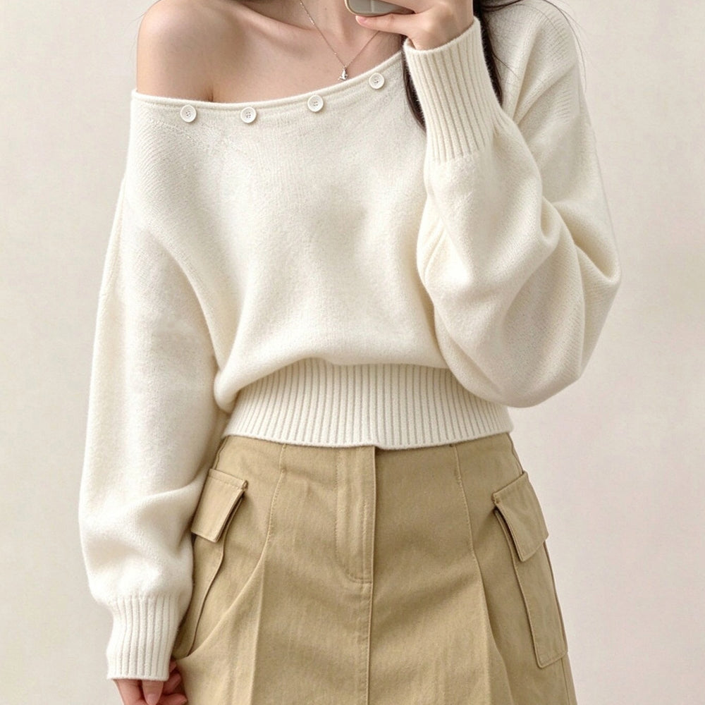 オフショルダー ニットトップス韓国風秋服 アイボリー