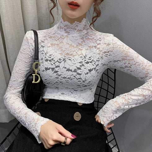 総レース カットソー レディース 花柄 総レース カットソー レディース 花柄 シースルー ハイネック トップス エレガント セクシー インナー 重ね着 85YN-900082
