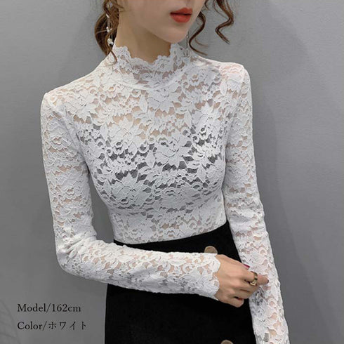 総レース カットソー レディース 花柄 総レース カットソー レディース 花柄 シースルー ハイネック トップス エレガント セクシー インナー 重ね着 85YN-900082