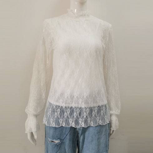 レース ブラウス レディース フリル レース ブラウス レディース フリル シースルー トップス 花柄 プチハイネック きれいめ おしゃれ 85YN-900083