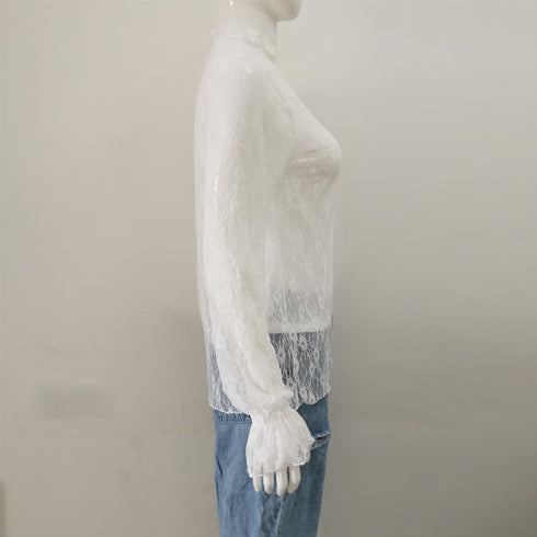 レース ブラウス レディース フリル レース ブラウス レディース フリル シースルー トップス 花柄 プチハイネック きれいめ おしゃれ 85YN-900083