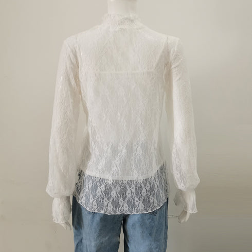 レース ブラウス レディース フリル レース ブラウス レディース フリル シースルー トップス 花柄 プチハイネック きれいめ おしゃれ 85YN-900083