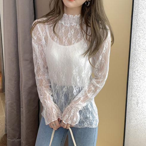 レース ブラウス レディース フリル レース ブラウス レディース フリル シースルー トップス 花柄 プチハイネック きれいめ おしゃれ 85YN-900083