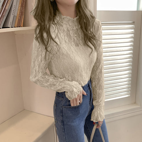 レース ブラウス レディース フリル レース ブラウス レディース フリル シースルー トップス 花柄 プチハイネック きれいめ おしゃれ 85YN-900083