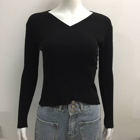 リブニット レディース カシュクール風 リブニット レディース カシュクール風 ボダン ニットトップ セーター オフィス きれいめ カットソー 85YN-900100