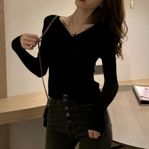 リブニット レディース カシュクール風 リブニット レディース カシュクール風 ボダン ニットトップ セーター オフィス きれいめ カットソー 85YN-900100