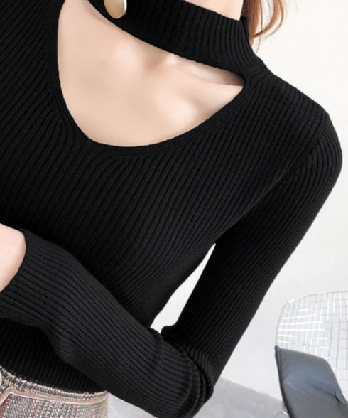 チョーカー風ニット 着やせ トップス リブニット レディース ニットカットソー セーター セクシー プルオーバー おしゃれ きれいめ ニットウェア 85YN-900114
