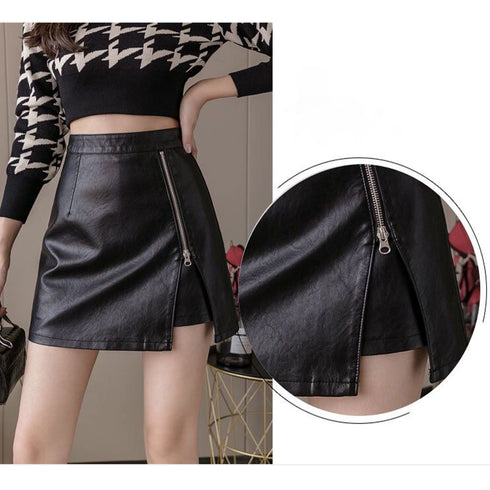 フェイクレザースカート 着やせ 韓国風 タイトスカート レディース 台形スカート ハイウエスト ボトムス Aラインスカート インナーパンツ付き ショート丈 85YN-900138