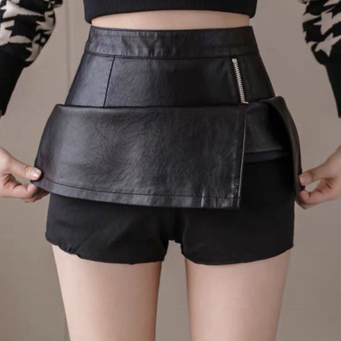 フェイクレザースカート 着やせ 韓国風 タイトスカート レディース 台形スカート ハイウエスト ボトムス Aラインスカート インナーパンツ付き ショート丈 85YN-900138