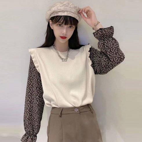 小花柄 ドッキングニット レディース 小花柄 ドッキングニット レディース レイヤード風 ニットブラウス クールネック フリル ニットトップス ギャザー 85YN-900139