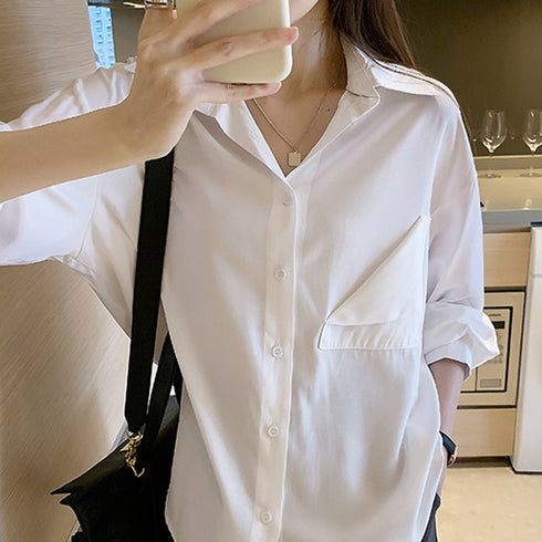 シャツ ブラウス レディース ロング シャツ ブラウス レディース ロング 前開きシャツ 無地 トップス 仮ポケット付き 襟付き オフィス ボダン おしゃれ 85YN-900145
