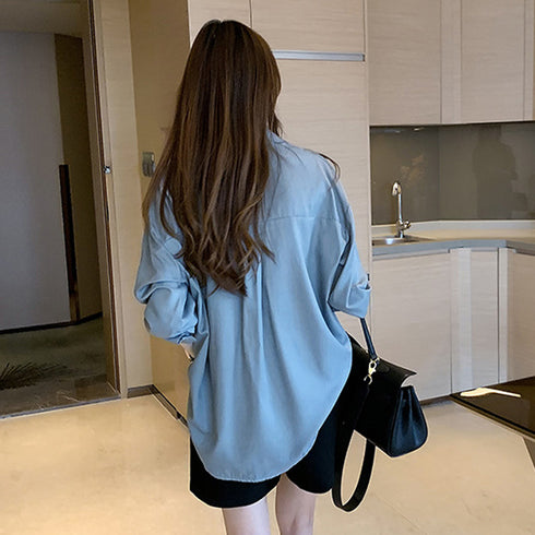 シャツ ブラウス レディース ロング シャツ ブラウス レディース ロング 前開きシャツ 無地 トップス 仮ポケット付き 襟付き オフィス ボダン おしゃれ 85YN-900145