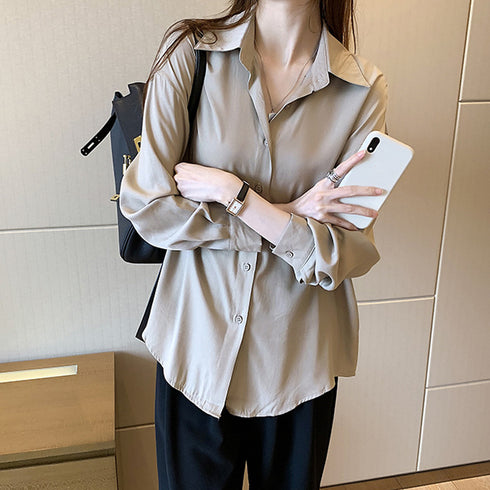 シャツ ブラウス レディース ロング シャツ ブラウス レディース ロング 前開きシャツ 無地 トップス 仮ポケット付き 襟付き オフィス ボダン おしゃれ 85YN-900145