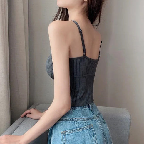 キャミソール Vネック インナー 重ね着 リブニット トップス 肌着 パッド付き ショート丈 へそ出し レイヤード ストレッチ 85YN-900189