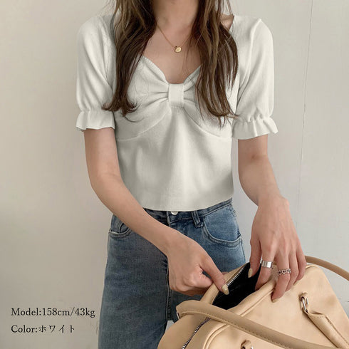 タイトニット トップス 着やせ へそ出し ニットトップス フリル袖 ショート丈 リボン ニットソー ニットセーター 大人可愛い 85YN-900193