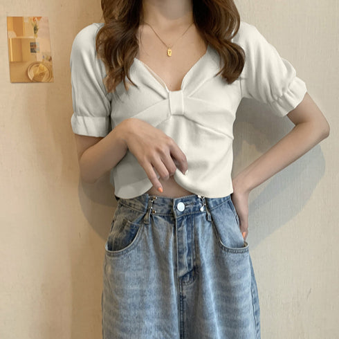 タイトニット トップス 着やせ へそ出し ニットトップス フリル袖 ショート丈 リボン ニットソー ニットセーター 大人可愛い 85YN-900193