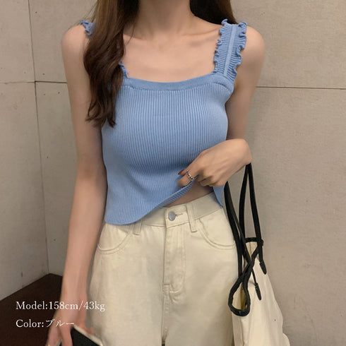 リブニット トップス スクエアネック タンクトップ ニットソー 着やせ 無地 キャミソール インナー 大人可愛い おしゃれ 85YN-900198