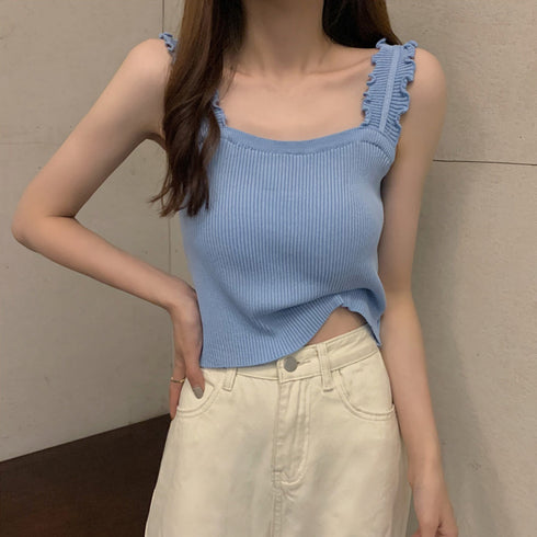 リブニット トップス スクエアネック タンクトップ ニットソー 着やせ 無地 キャミソール インナー 大人可愛い おしゃれ 85YN-900198