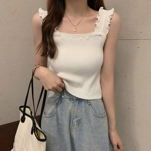 リブニット トップス スクエアネック タンクトップ ニットソー 着やせ 無地 キャミソール インナー 大人可愛い おしゃれ 85YN-900198