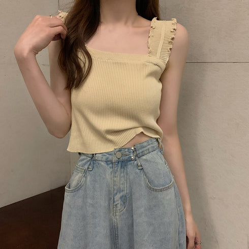 リブニット トップス スクエアネック タンクトップ ニットソー 着やせ 無地 キャミソール インナー 大人可愛い おしゃれ 85YN-900198