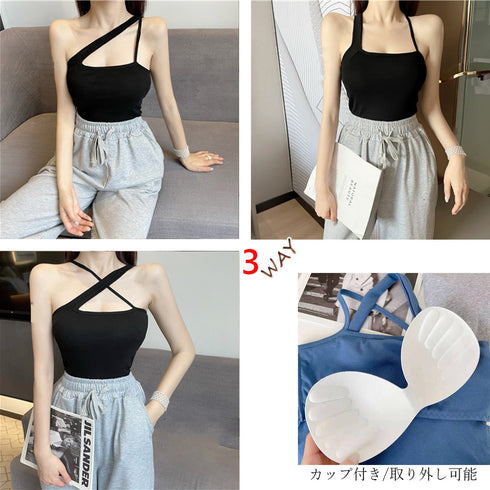 アシンメトリーキャミタンク 重ね着 薄手 キャミソール レディース ノースリーブ タンクトップ パッド付き インナー 大人カジュアル 85YN-900212