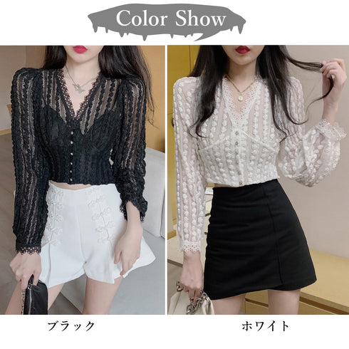 総レースブラウス レディース 透け感 フェミニン 刺しゅうレース シアートップス 韓国風 花柄 ブラウス フォーマル Vネック 薄手 前開きシャツ 85YN-900228