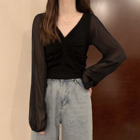 ギャザー ニット ブラウス きれいめ ニットトップス シャツブラウス Vネック ドッキング 透け感 袖切り替え ニットソー 大人可愛い 85YN-900234