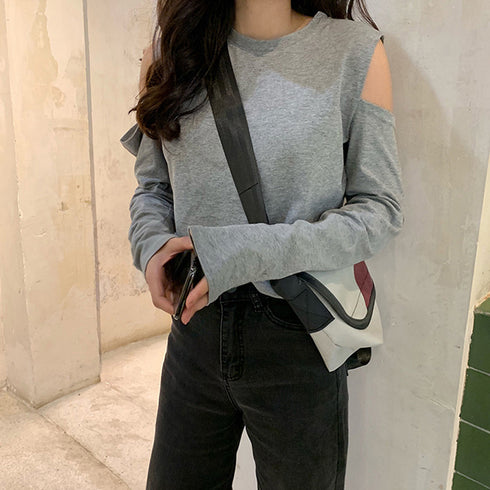 肩出しTシャツ レディース ナチュラル 無地トップス 肩見せ 薄手 カットソー ラウンドネック 長袖トップス シンプル 着やせTシャツ オープンショルダー 85YN-900246
