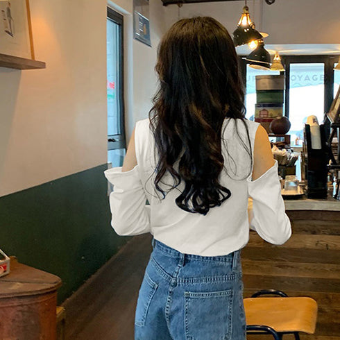 肩出しTシャツ レディース ナチュラル 無地トップス 肩見せ 薄手 カットソー ラウンドネック 長袖トップス シンプル 着やせTシャツ オープンショルダー 85YN-900246