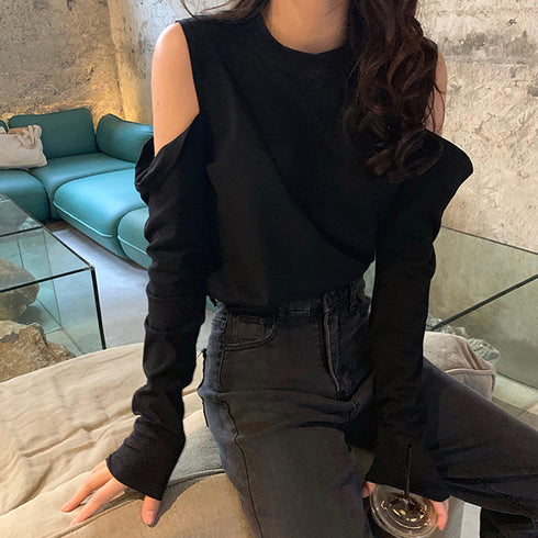 肩出しTシャツ レディース ナチュラル 無地トップス 肩見せ 薄手 カットソー ラウンドネック 長袖トップス シンプル 着やせTシャツ オープンショルダー 85YN-900246